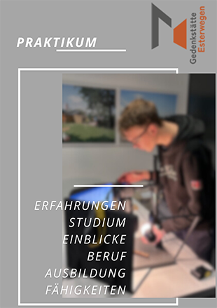 Das Foto zeigt einen Praktikanten bei der Digitalisierung und ist beschriftet mit den Worten: Erfahrungen, Studium, Einblicke, Beruf, Ausbildung, Fähigkeiten.